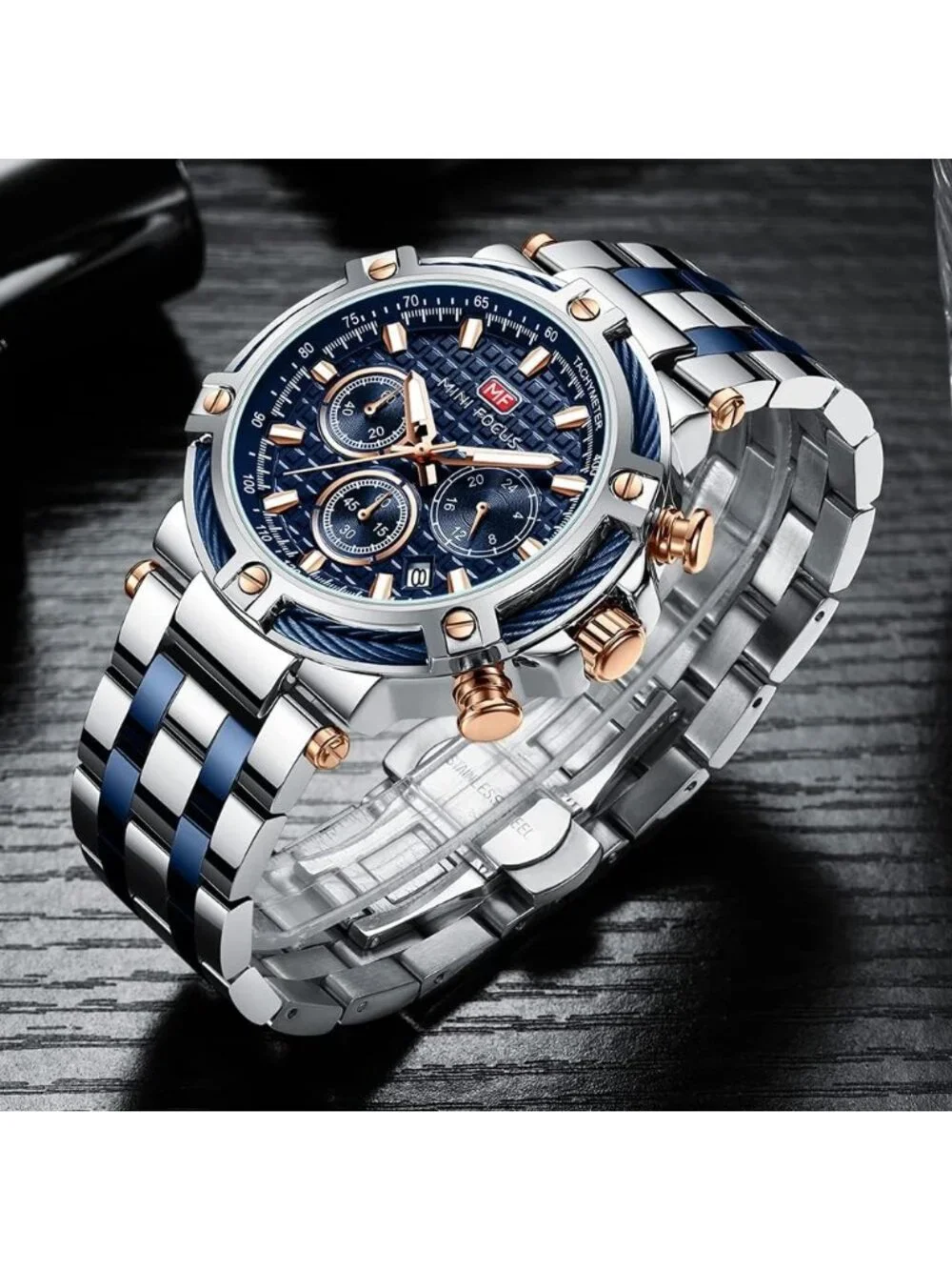 Men's Blue Silver Chronograph Big Face Stainless Steel Band Waterproof Watches